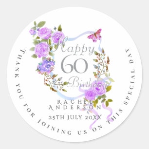 Pegatina Redonda Cinta de Rosa Púrpura 60 Cumpleaños