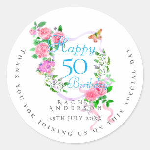Pegatina Redonda Cinta de Rosa Rosa para 50 Cumpleaños
