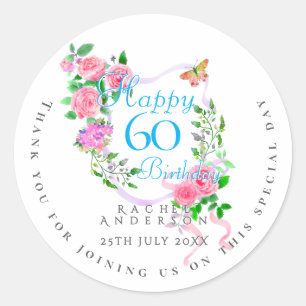 Pegatina Redonda Cinta de rosa rosa para 60 cumpleaños