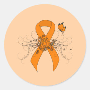 Pegatina Redonda Cinta de sensibilización del naranja con mariposa