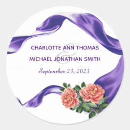 Pegatina Redonda Cinta morada real y Boda floral