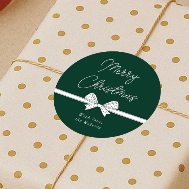 Pegatina Redonda Cinta navideña de Feliz manuscrita moderna (Modern whimsical bow green and white Christmas stickers)