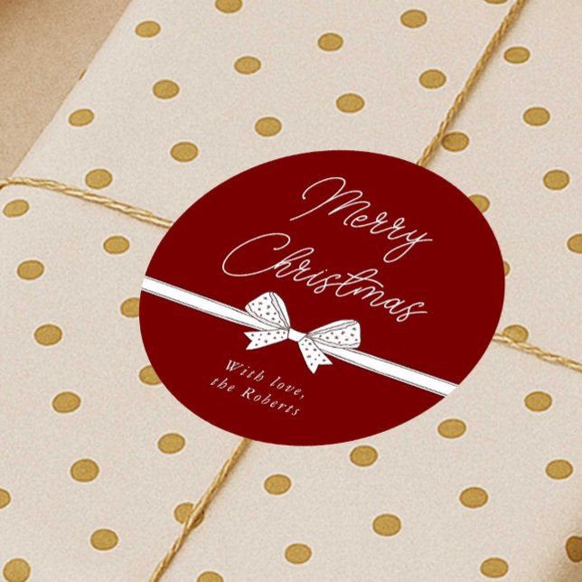 Pegatina Redonda Cinta navideña manuscrita moderna roja (Modern whimsical bow red and white Christmas stickers)