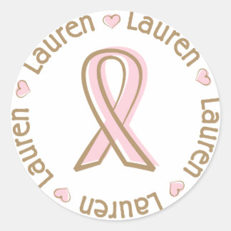 Pegatina Redonda Cinta rosa Cáncer de Mama Nombre Lauren