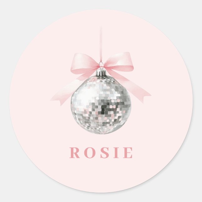 Pegatina Redonda Cinta rosa Coquette Disco Ball personalizada (Anverso)