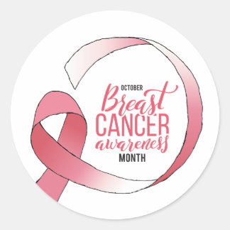 Pegatina Redonda Cinta rosa de cáncer de mama dibujando Mes de BCA