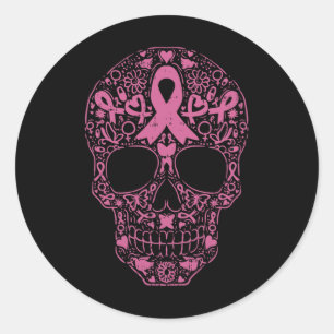 Pegatina Redonda Cinta rosa de cráneo de azúcar Calavera Cáncer de