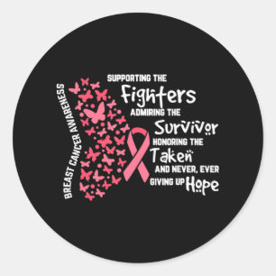 Pegatina Redonda Cinta rosa de mariposa de cáncer de mama