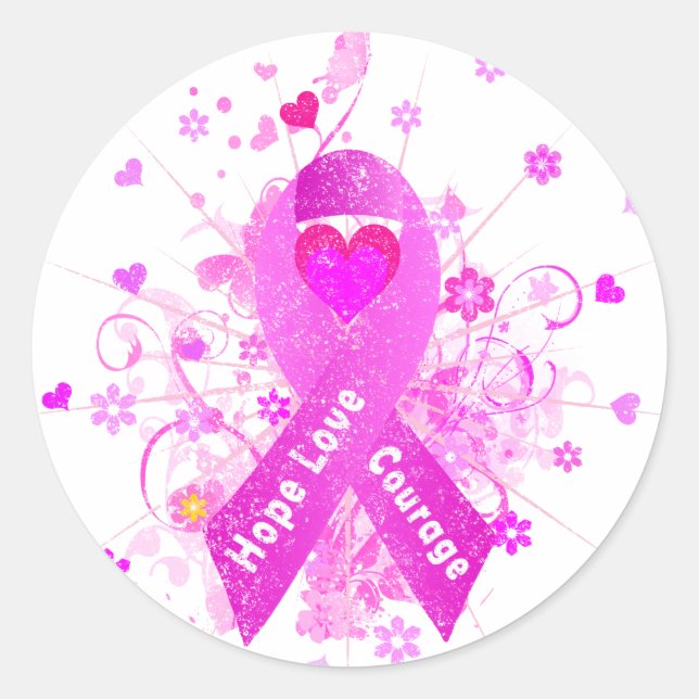 Pegatina Redonda Cinta rosa del cáncer de mama (Anverso)