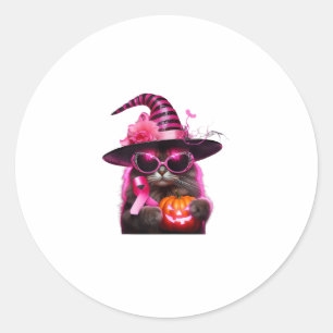 Pegatina Redonda Cinta rosa Halloween de gatos de sensibilización s