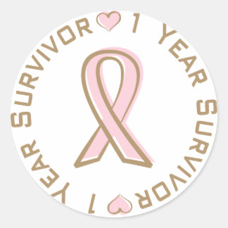 Pegatina Redonda Cinta rosa Sobreviviente de Cáncer de Mama 1 Año