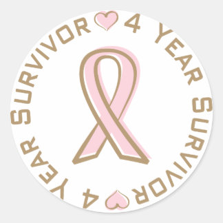 Pegatina Redonda Cinta rosa Superviviente de cáncer de mama 4 años