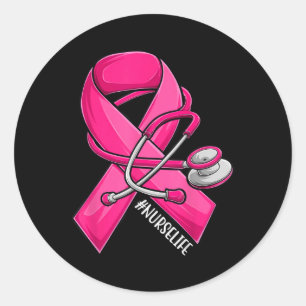 Pegatina Redonda Cinta rosada Stethoscope Enfermera de vida Cáncer 