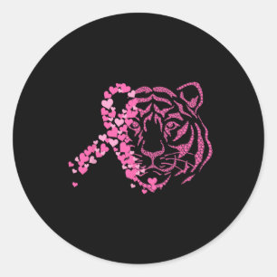 Pegatina Redonda Cinta rosada Tigre Conciencia sobre el cáncer de m