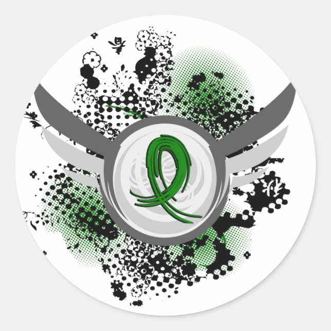 Pegatina Redonda Cinta Verde Esmeralda Y Cáncer Hígado De Alas (Anverso)