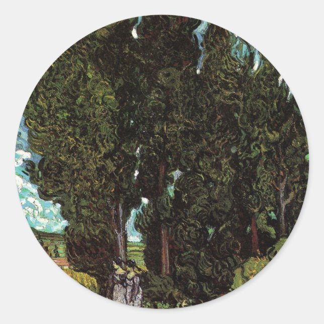 Pegatina Redonda Cipreses con figuras femeninas de Vincent van Gogh (Anverso)