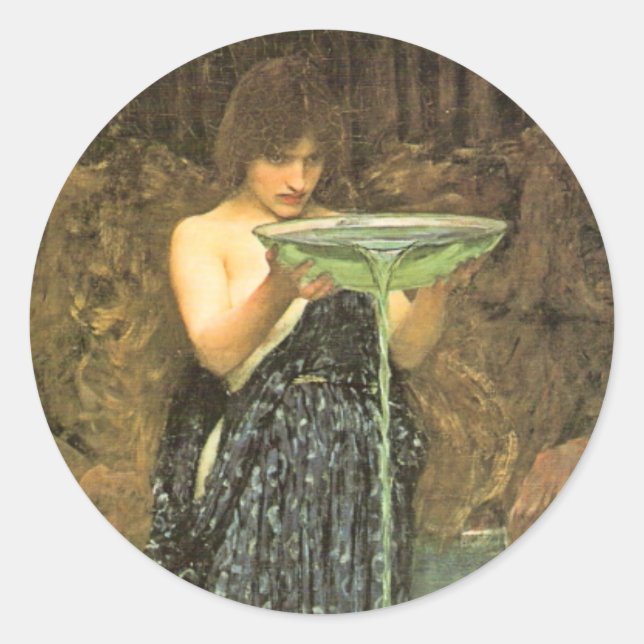 Pegatina Redonda Circe Invidiosa por John William Waterhouse (Anverso)