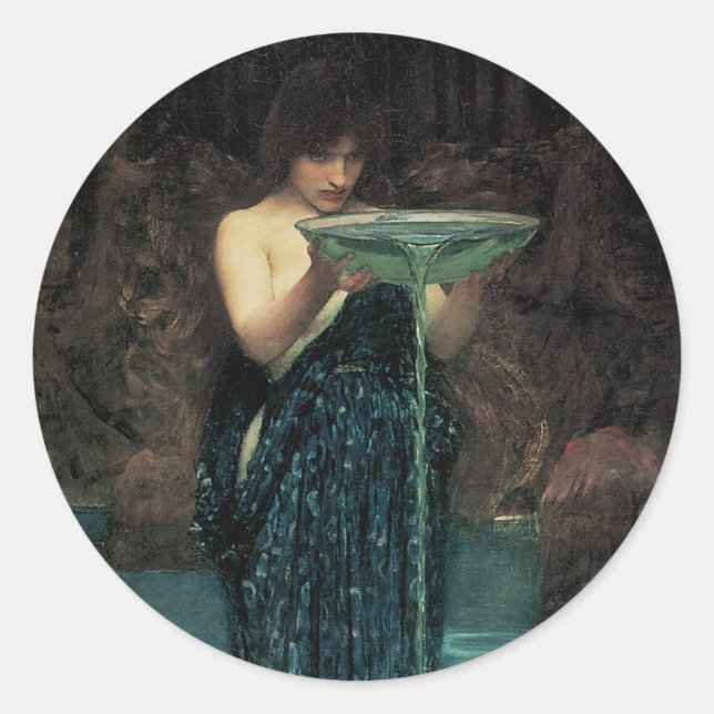 Pegatina Redonda Circe Invidiosa por John William Waterhouse (Anverso)
