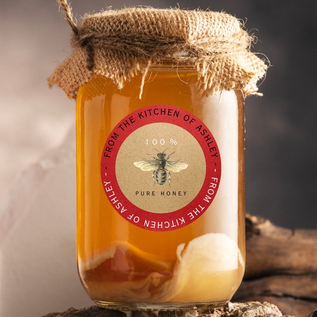 Pegatina Redonda Circular 100% Cocina casera Kraft Bee Red (Circular 100%Homemade Honey Kitchen Kraft Bee Red Classic Round Sticker)