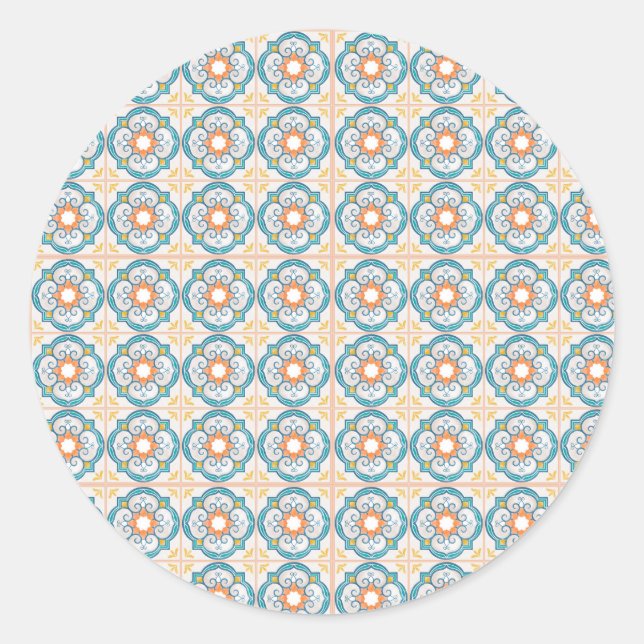 Pegatina Redonda Circular tile design featuring intricate floral  (Anverso)