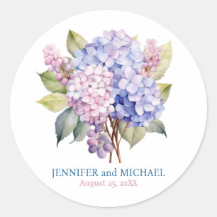 Pegatina Redonda Círculo Boda de Hydrangeas Rosa y Azul Polvoriento