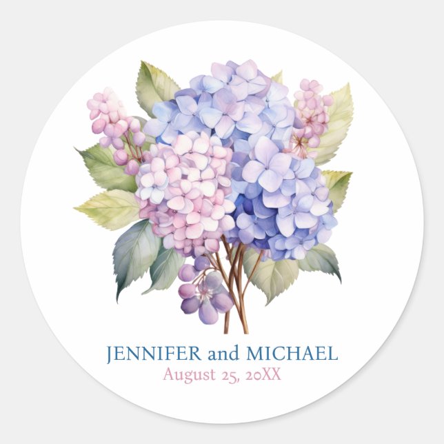Pegatina Redonda Círculo Boda de Hydrangeas Rosa y Azul Polvoriento (Anverso)