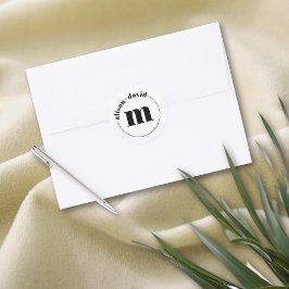 Pegatina Redonda Círculo con nombres y boda blanco negro monograma