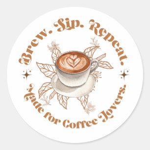 Pegatina Redonda Círculo de Amantes del Café Brew Sip Repeat Arte