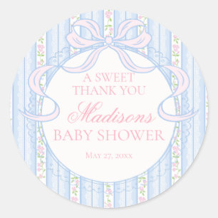 Pegatina Redonda Círculo de Baby Shower Floral Antiguo Azul Elegant