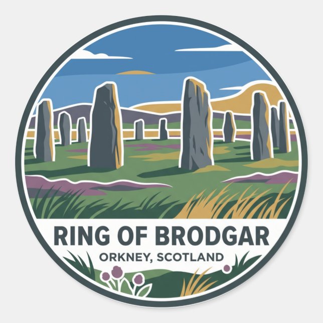 Pegatina Redonda Círculo de Brodgar Escocia (Anverso)
