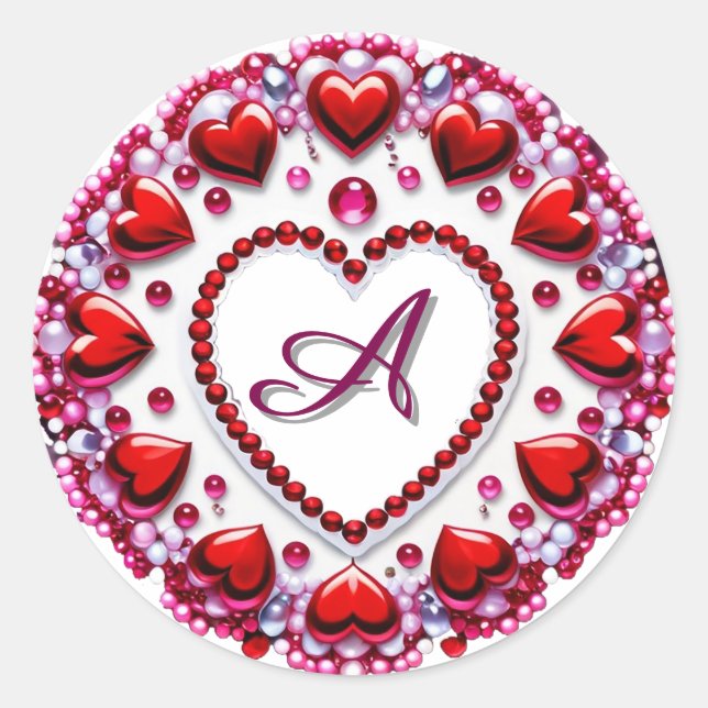 Pegatina Redonda Círculo de Corazón Romántico con Cuentas Rojas (Anverso)