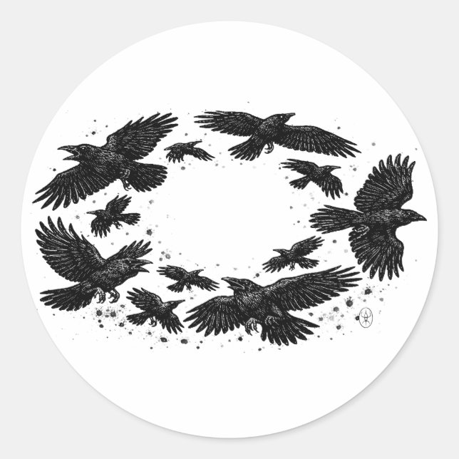 Pegatina Redonda Círculo de Cuervos – Ilustración de Tinta Embrujad (Anverso)