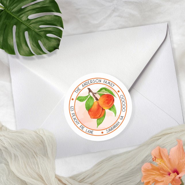 Pegatina Redonda Círculo de Dirección de Devolución de Dulces Meloc (Everything is coming up peaches in this watercolor peach branch return address envelope seal design.)