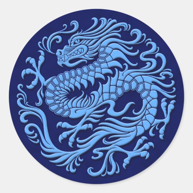 Pegatina Redonda Círculo de dragón chino azul tradicional (Anverso)