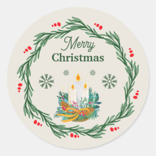 Pegatina Redonda Círculo de Feliz Navidad de Crema y Verde