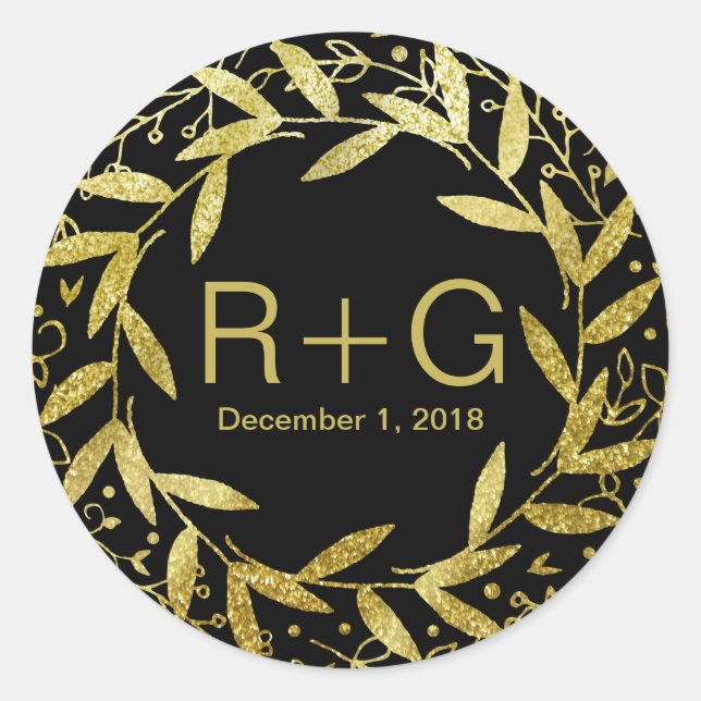 Pegatina Redonda Círculo de hojas Wreath Gold Purpurina | negro (Anverso)