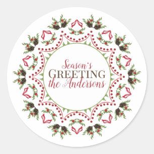 Pegatina Redonda Círculo de mandala navideño elegante Holly festivo