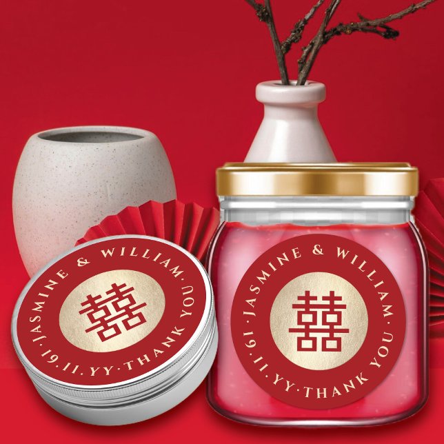 Pegatina Redonda Círculo dorado doble Moda de felicidad Boda chino (Gold/Red Circle Double Happiness Simple Chinese Wedding Party Round Sticker @ fatfatin_red_knot)