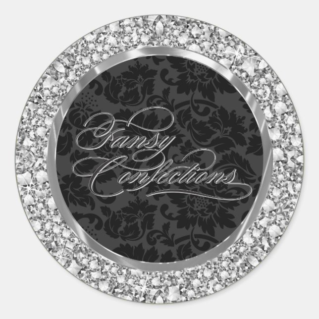 Pegatina Redonda Círculo falso falso de diamantes y Damasco negro (Anverso)