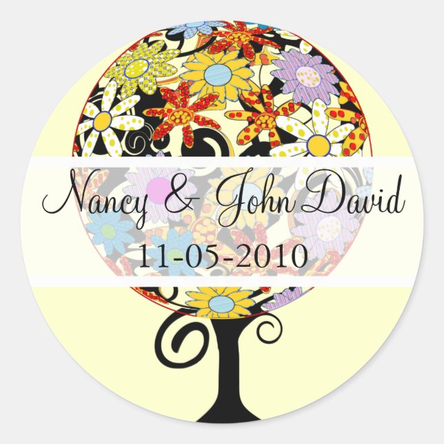 Pegatina Redonda Círculo forestal mágico de Boda de árbol de flores (Anverso)