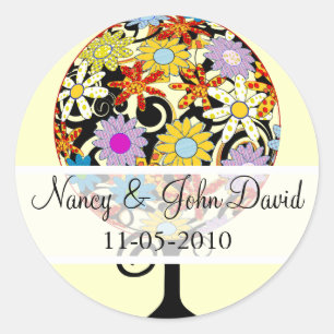 Pegatina Redonda Círculo forestal mágico de Boda de árbol de flores