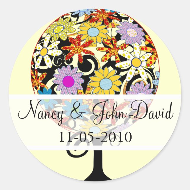Pegatina Redonda Círculo forestal mágico de Boda de árbol de flores (Anverso)