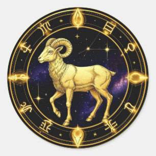 Pegatina Redonda Círculo Zodiacal Aries Dorado Con Carnero