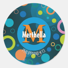 Pegatina Redonda Círculos coloridos modernos Monograma AZUL persona