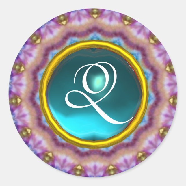 Pegatina Redonda CÍRCULOS PSICODELICOS MONOGRAM turquasa azul rosa (Anverso)