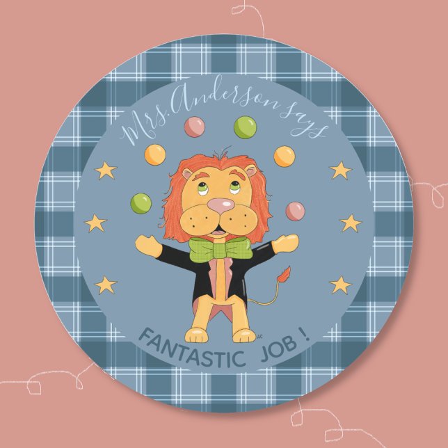 Pegatina Redonda Circus Lion Student Blue Reward Sticker (Cute reward sticker for encouraging young student to keep going . )