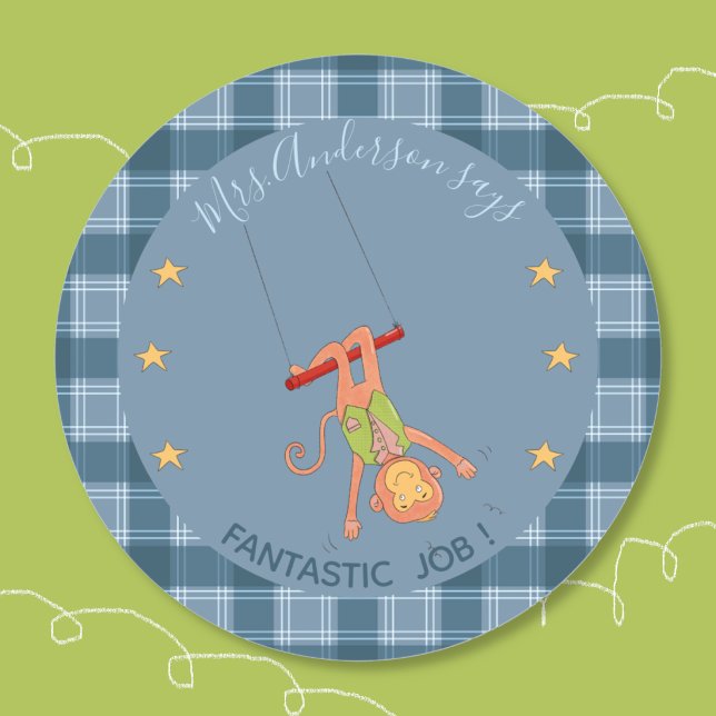 Pegatina Redonda Circus Monkey Student Blue Reward Sticker (Circus acrobat monkey student blue reward sticker .)