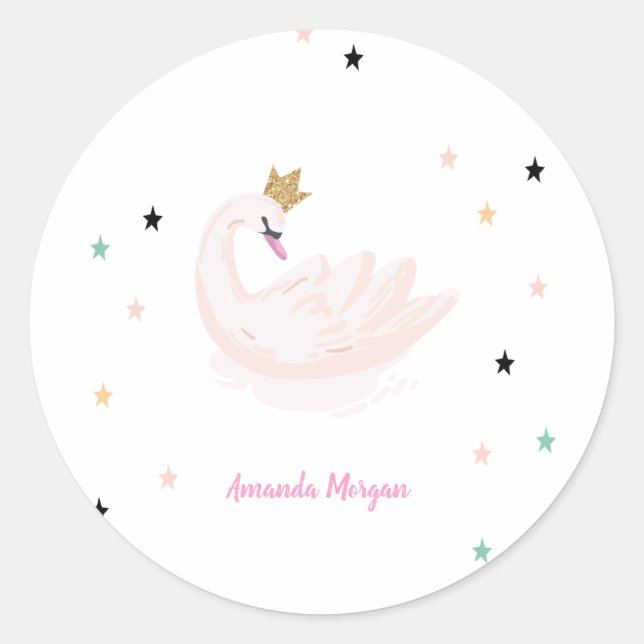 Pegatina Redonda Cisne de moda, estrellas, princesa (Anverso)