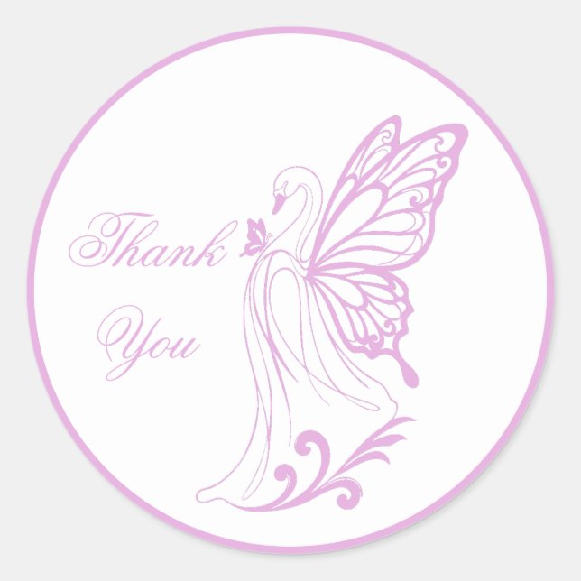 Pegatina Redonda Cisne elegante con alas de mariposa (Anverso)