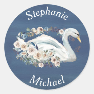 Pegatina Redonda Cisne floral blanca en Boda azul